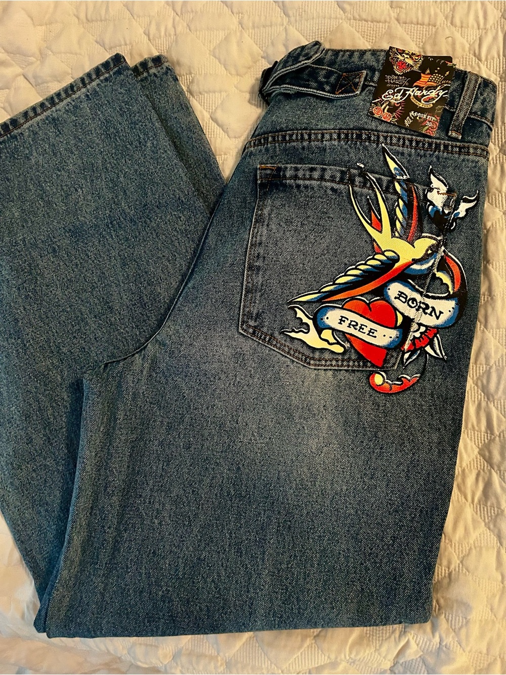 Ed Hardy Men's Blue Straight Jeans with Multicolor Embroidered Pocket Art
